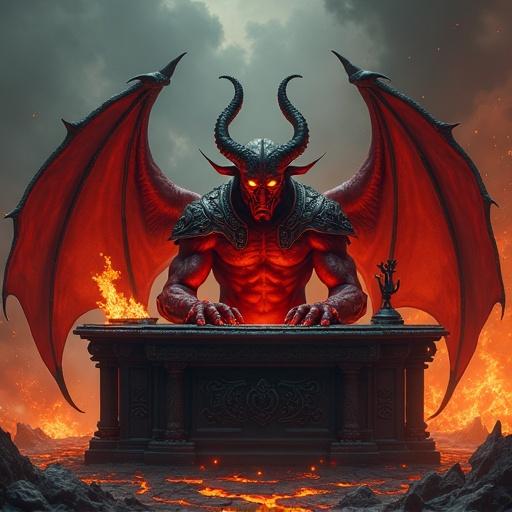 Highly detailed image of a realistic demon at a demonic desk in a hell landscape. Powerful devil has red skin, muscular arms, black twisted horns, and glowing eyes. Wears dark ornate armor with engravings. Fiery wings rise behind. Ground shows lava and shadows of tortured souls. Dark sky with ash.