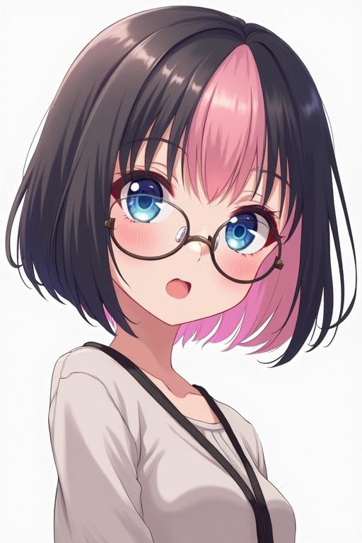 Anime style art depicting a girl with pink bangs and black hime cut hairstyle. She has blue eyes and wears glasses. Her expression is surprised or curious.