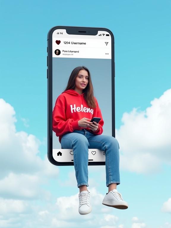 A young woman is seated within a smartphone screen. Smartphone shows an Instagram post interface. She holds a smartphone and wears a red hoodie. Her legs hang down outside the screen. The background consists of a blue sky and white clouds. The design has a modern and clean aesthetic with a playful 3D effect.