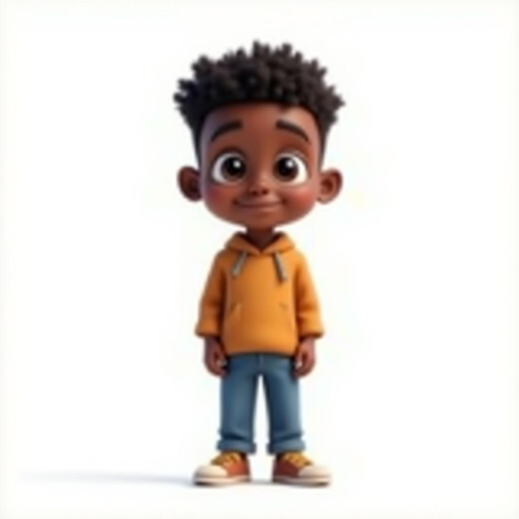 A 3D-rendered cartoon character of a 10-year-old boy. The boy has curly hair and wears a hoodie. The background is plain white.