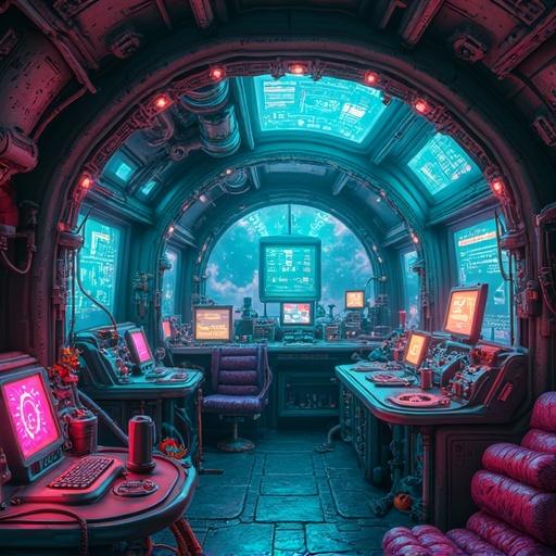 Interior of a rocket ship features glowing coral-like controls and a futuristic design. Scene illustrates organic sci-fi elements with ambient bioluminescent lighting. Contains multiple digital screens and tentacle-like wiring. The color scheme emphasizes teal and magenta hues in an ultra high resolution format.