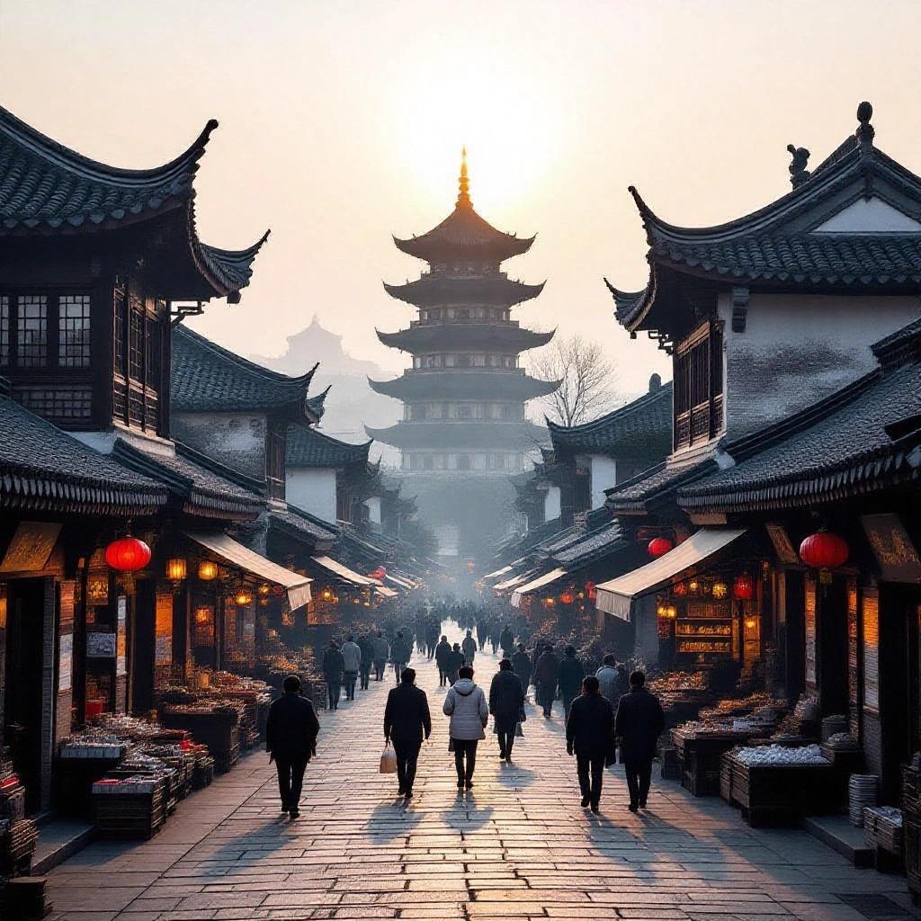 Image shows ancient Chinese setting at sunrise on a stone-paved street. Traditional buildings with dark roofs and aged walls on both sides. Market full of people. Tall pagoda rises into the sunny sky in the background, silhouette visible through haze.