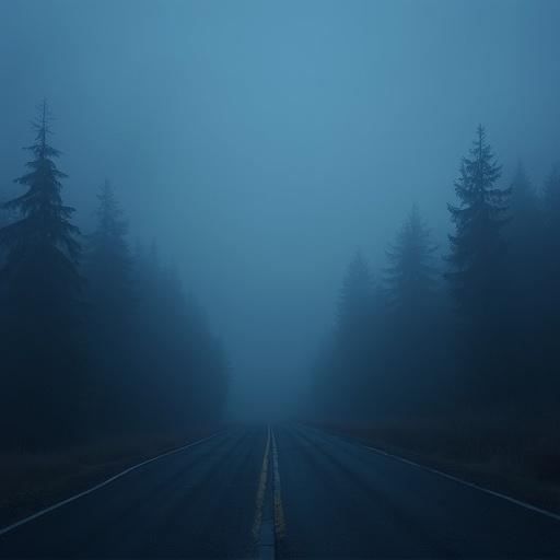Foggy road with dark blue tones. Tall trees on either side. Dim lighting creates a mysterious atmosphere.