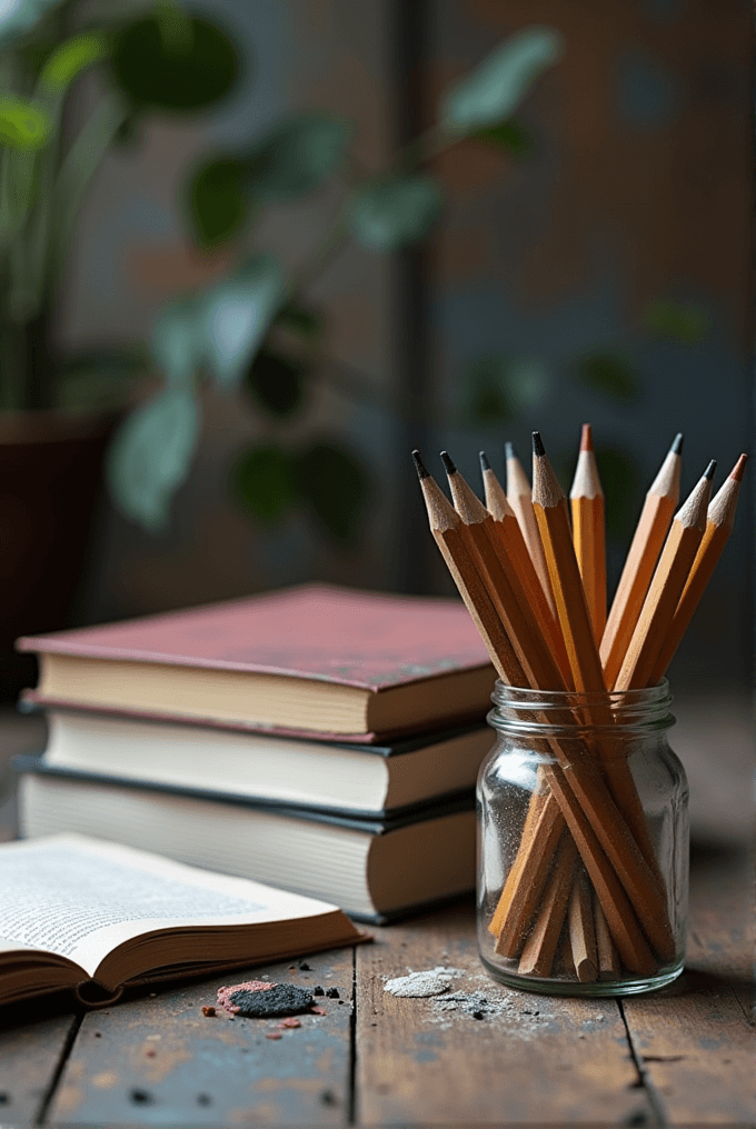 A jar filled with sharpened pencils sits on a wooden table beside open and closed books, with a blurred plant in the background.