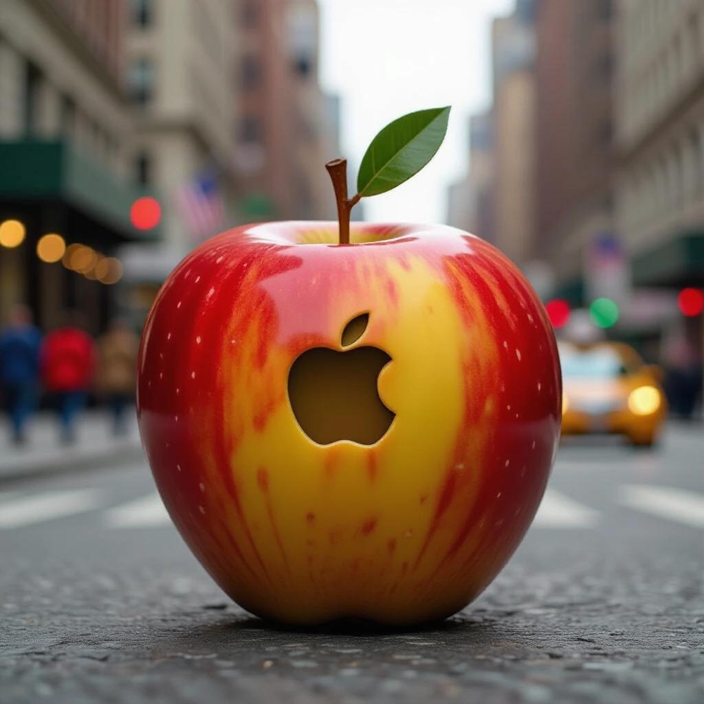 A large, red apple with a green leaf. An Apple logo cut out is on one side. The apple sits in a city street. Background features skyscrapers and pedestrians.