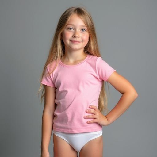 Image of a seven year old girl with long blonde hair wearing a pink fitted t-shirt and white underwear. The background is soft gray. The lighting is inviting. She poses relaxed with one hand on her hip.