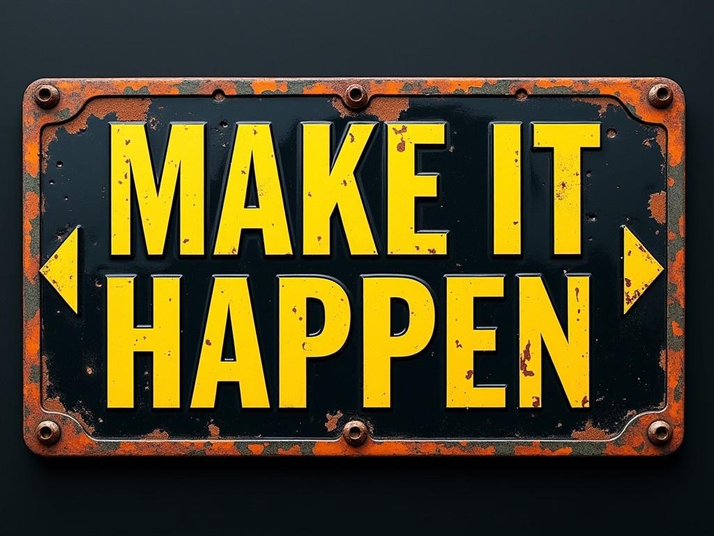 A weathered metal sign reading 'MAKE IT HAPPEN' in large bold yellow letters against a black background. The sign has a rustic finish with some visible scratches and peeling paint, giving it a vintage look. It features two arrows, one pointing to the left and one pointing to the right, suggesting multiple directions to take. The overall image conveys a sense of motivation and determination. It combines a classic sign aesthetic with an inspiring message.