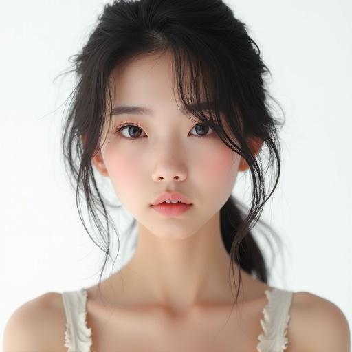 Photo realistic girl with Chinese heritage aged 18 closeup photograph of face and bustline on a white background wearing light makeup.