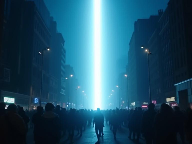 Image features a dark street scene with a bright white light shining from above. People are silhouetted against the light looking upward. Storefronts and street lights are visible. The scene has a blue color tint enhanced by lens flare.