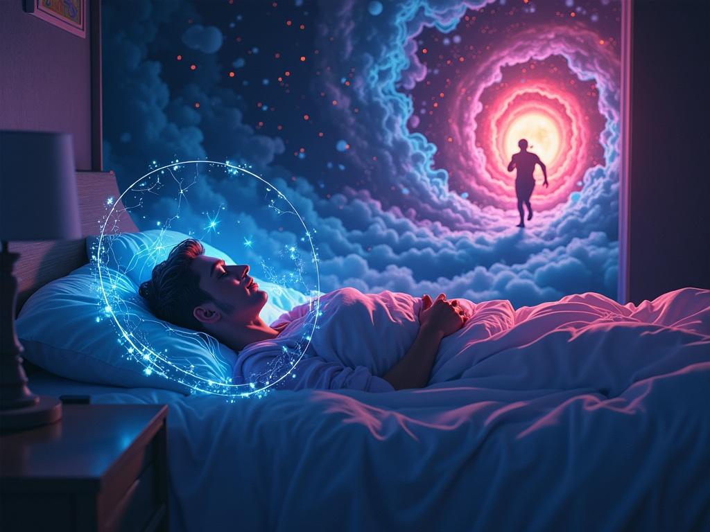 A person sleeps peacefully in bed under a glowing protective aura. Behind them, a dreamworld appears with swirling colors and a figure running. Delicate threads separate the dreamy landscape from reality. It combines neon-cyberpunk and impressionistic styles.
