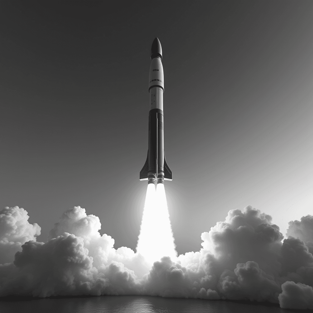 A monochrome image of a rocket launching amidst clouds and smoke, capturing a dramatic ascent.