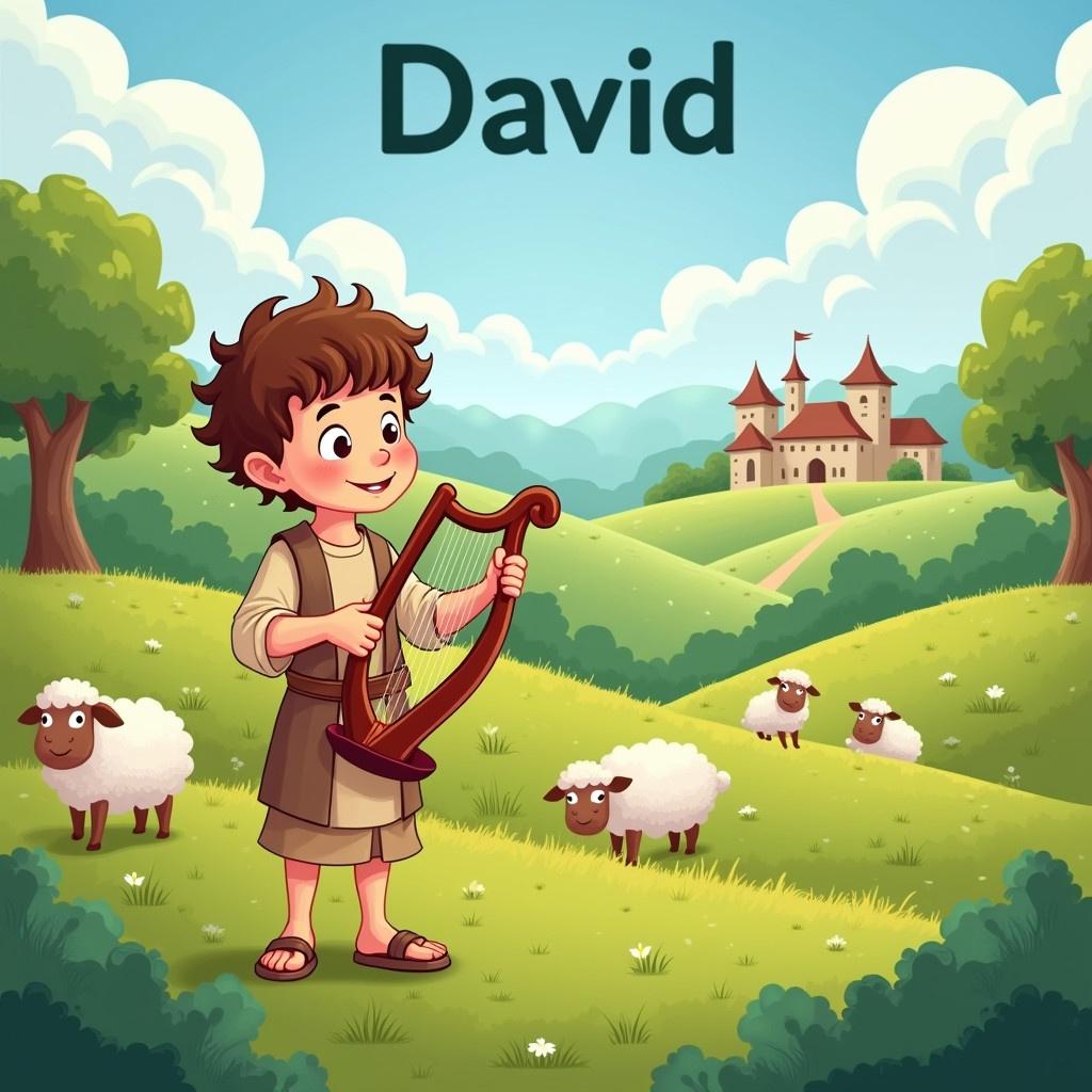 Cheerful cartoon illustration of David in lush green pasture. Young boy with brown hair wearing light brown shepherd clothing. David plays the harp. Surrounded by grazing sheep. Distant village in background. No blur and no distortion. Title 'DAVID' presents the scene.