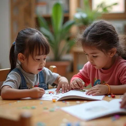 Two children engaging in a learning activity at a table. They are working together with books and colorful materials. The environment looks bright and inviting, filled with learning resources.