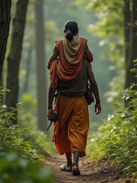 A bandit is walking through a dense forest path. He is carrying a woman on his shoulder. Both wear worn-out clothing that signifies a rugged lifestyle. The setting showcases vibrant colors of the forest.