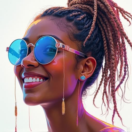 Surreal vibrant digital portrait of a smiling female with intricately braided short dreadlocks. Features delicate styling with glasses and earrings. Art combines modern aesthetics with Nordic elements. Striking and glitched pencil sketch concept.