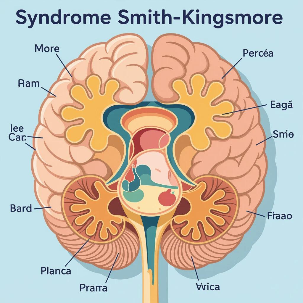 Illustration of the human brain highlighting Syndrome Smith-Kingsmore in Portuguese. Bright colors with labeled areas related to the syndrome. Educational purpose for understanding the condition