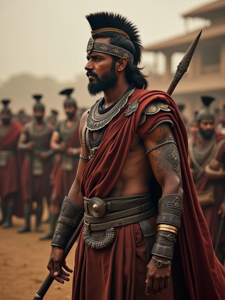 Maratha warrior stands in traditional attire with spear and armor. The warrior displays strength and determination. Background features a group of warriors, all wearing similar attire. The environment appears foggy and atmospheric.