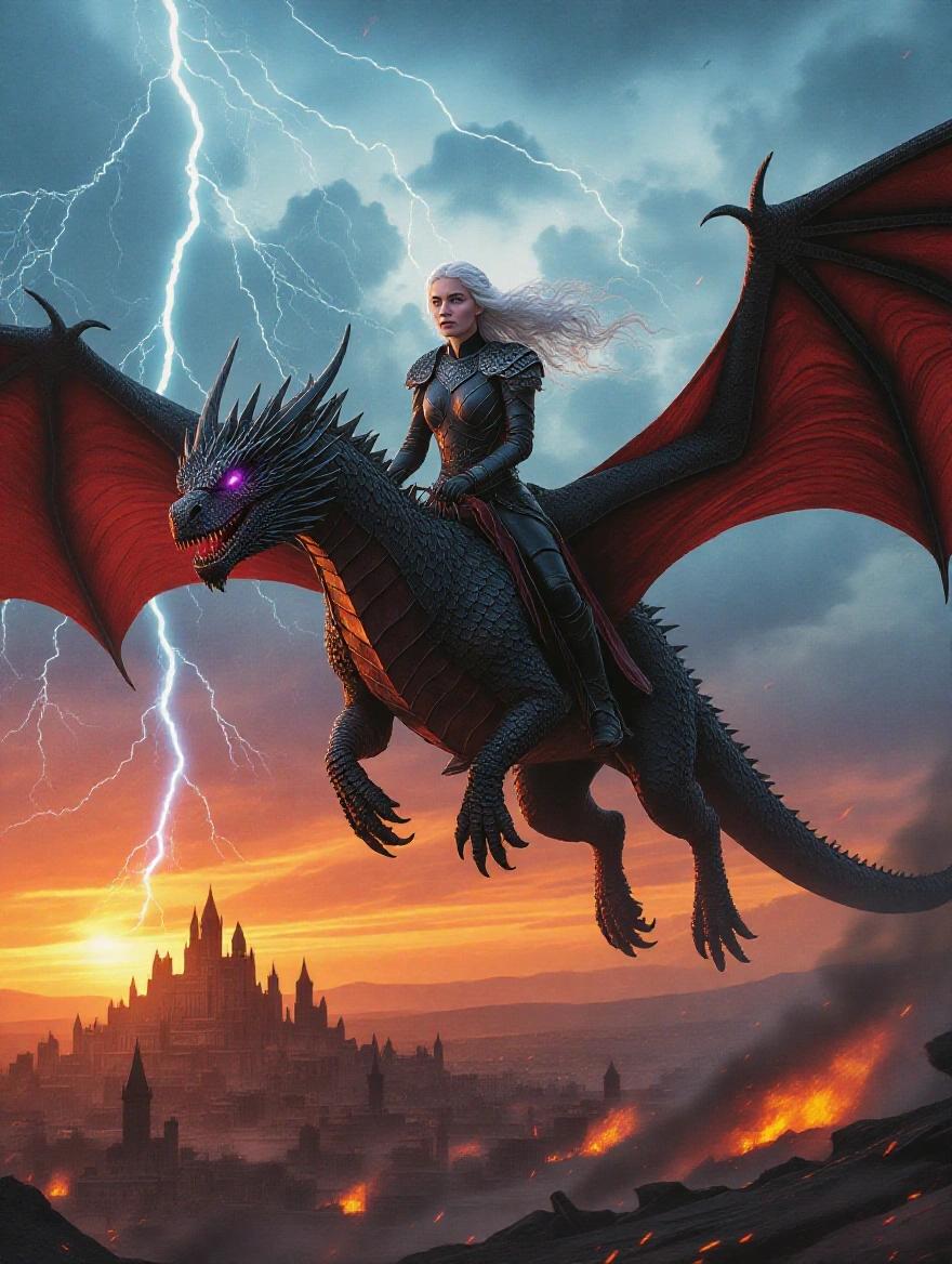 Daenerys Targaryen rides Drogon amidst stormy skies with lightning. Silver hair blows fiercely. Clad in black-and-red armor. Violet eyes shine with determination. City ruins below burn in sunset glow. Dragon's wings create shadows over the ground.