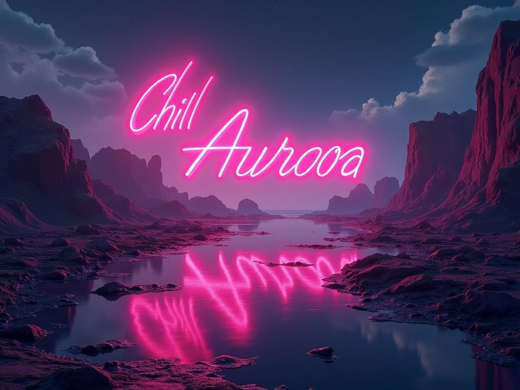 Sky with stars and moon. Neon text glow. Artistic retro style. Serene water and rocky landscape.