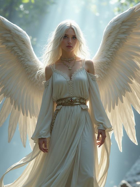 A DnD character features a white haired woman with angelic wings. She appears as a cleric dressed in a flowing white dress. The scene is set in a mystical forest illuminated by soft light.