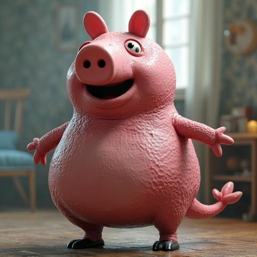 A giant styled 3D rendering of a cartoon pig character with exaggerated features. The character is smiling and has a shiny textured exterior. The setting includes a cozy room with light coming through a window.