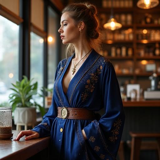 A young woman working in a café exudes elegance with her modern sorceress outfit. The deep indigo robe features intricate embroidery of constellations and runes. She wears a layered tunic and fitted trousers made of shimmering silk. A glowing crystal pendant hangs around her neck. A crescent moon ear cuff and a ring with ancient sigils adorn her. A leather belt holds glass vials containing stardust. A small living magic stone peeks from her apron pocket. Her nearby staff flickers with faint magical light.