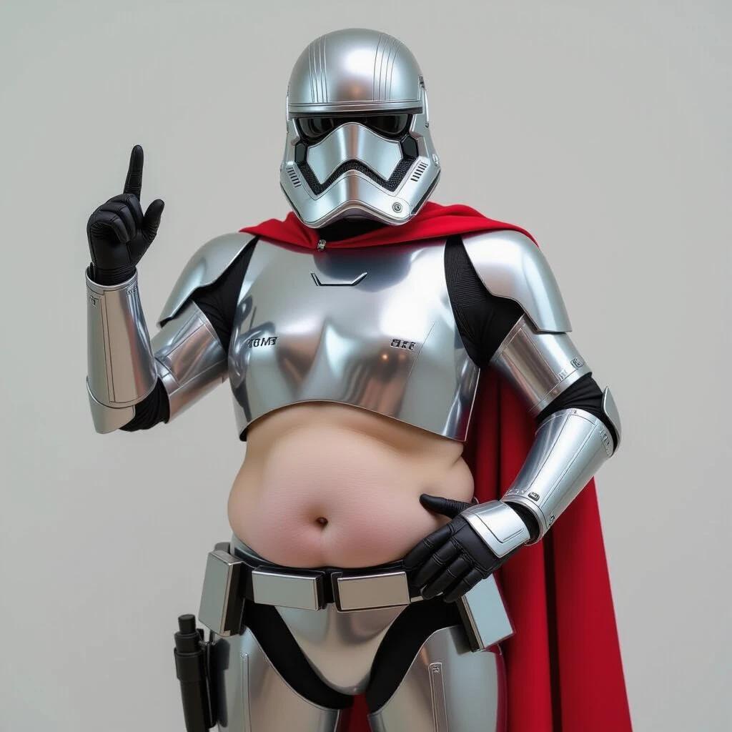 Character in shiny silver armor wearing a red cape. The costume is a playful, skimpy version. Emphasizing body positivity.