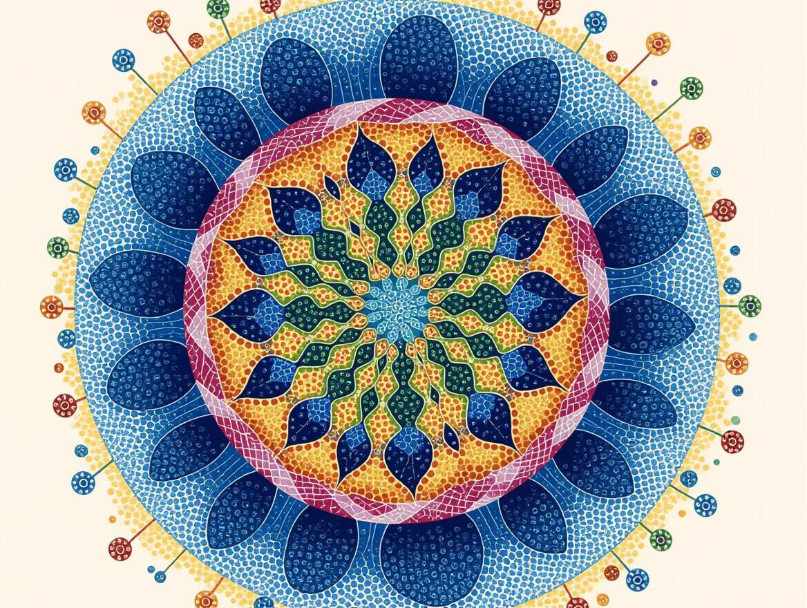 Scientific illustration of cellular mitosis in pointillism. Thousands of colored dots create chromosome structures. Cell membranes depicted in detail. Blends scientific visualization with artistic interpretation. Divisionist color theory applies. Contemporary bio-art uses classical techniques. Achieves microscopic detail. Designed for educational purposes. Unique art piece for museums.