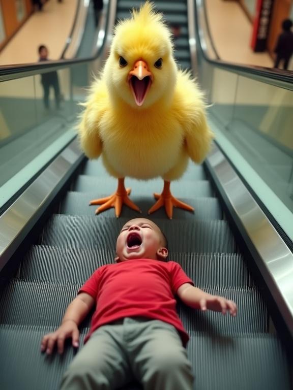 Surreal digital art composite photograph in a shopping mall scene. A distressed toddler lies on escalator steps while a giant fluffy yellow chick stands above. Emotional alarm is evident in both expressions. High-angle perspective captures depth with focused details of the background and foreground. Light atmosphere with even lighting enhances the surreal confrontation.
