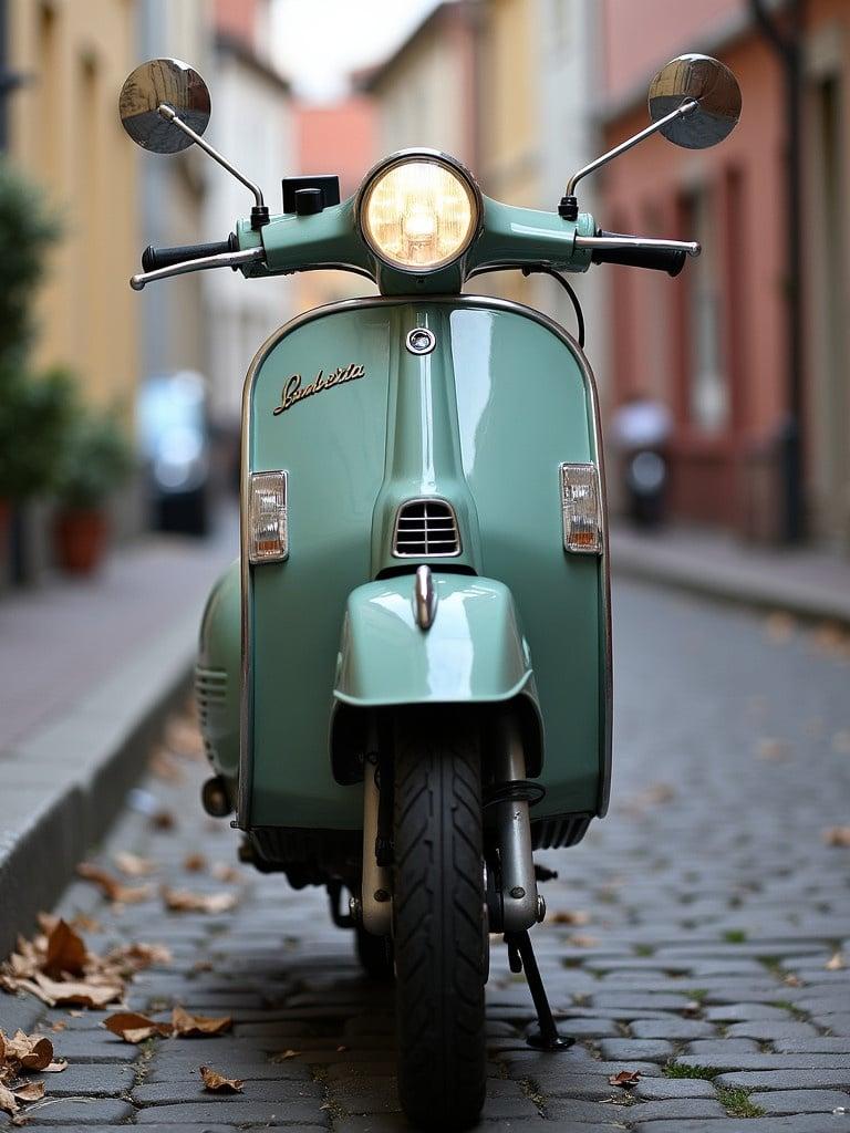 Front view of a mint green Lambretta scooter positioned in a cobblestone street. The buildings are colorful and narrow. The scooter displays headlight and mirrors prominently.