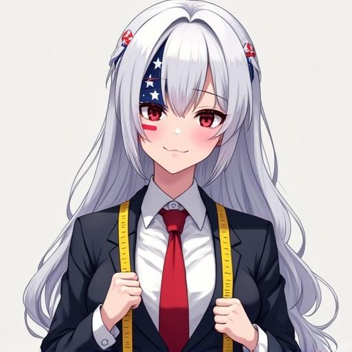 Anime girl in business suit shows confidence. Her face showcases USA flag colors. She has white hair and measures bust size with yellow tape.