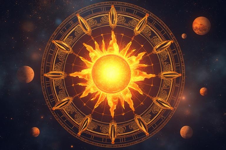 Astrological birth chart featuring sun in Sagittarius positioned in the fifth house. Central zodiac wheel surrounded by planets and stars. Sun emits orange and yellow radiance with astrology symbols adding a mystical ambiance. Hyper-realistic and vibrant theme.