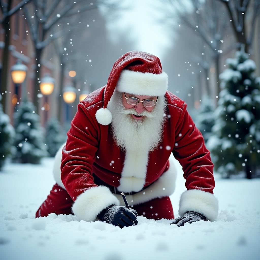 Santa Claus in red suit kneels in snow. Gentle snow falls around him. He writes in snow with pen. Background features bare trees. Surrounding snowy street and buildings create warm ambiance.