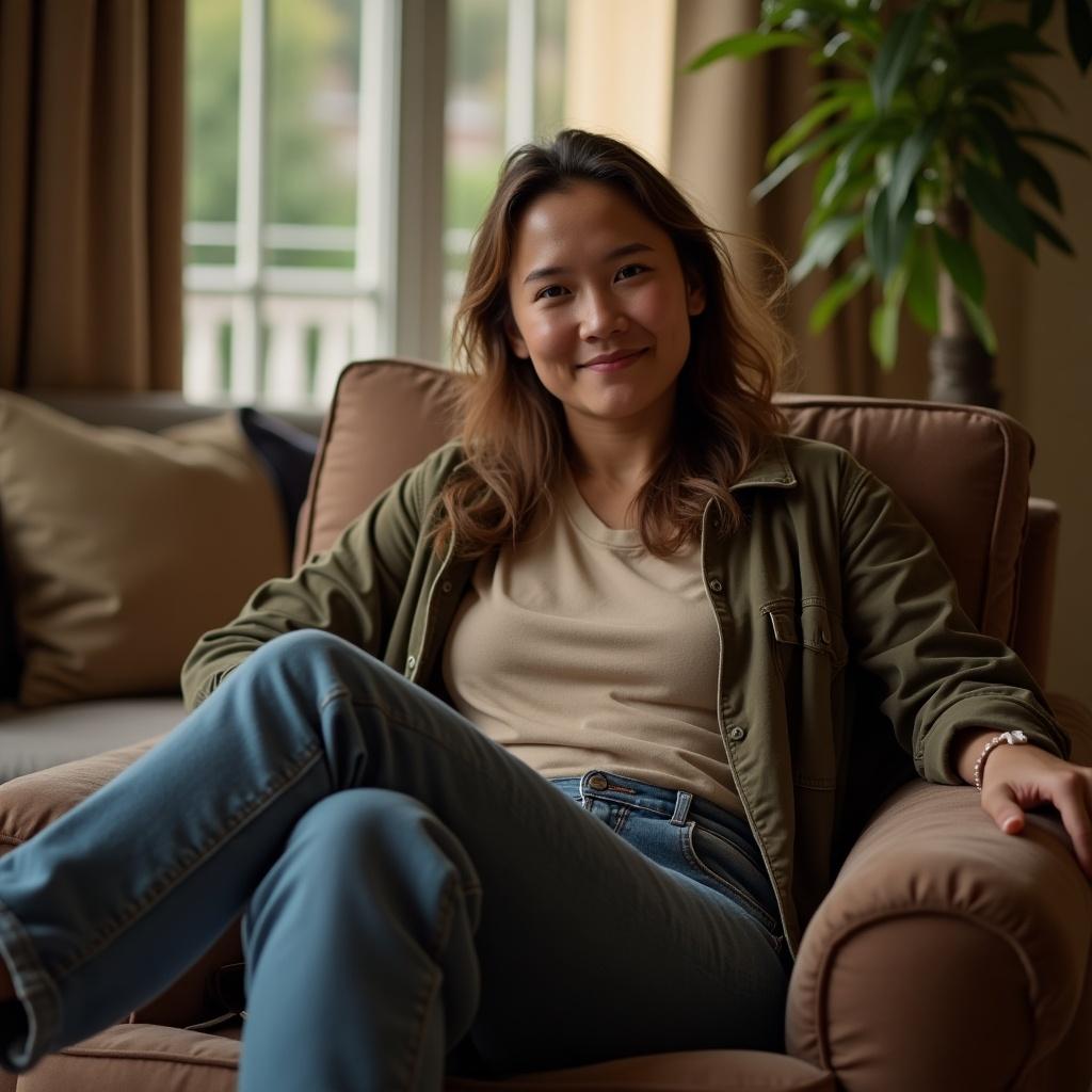 Person seated casually with crossed legs. Comfortable indoor setting with soft lighting and neutral decor.