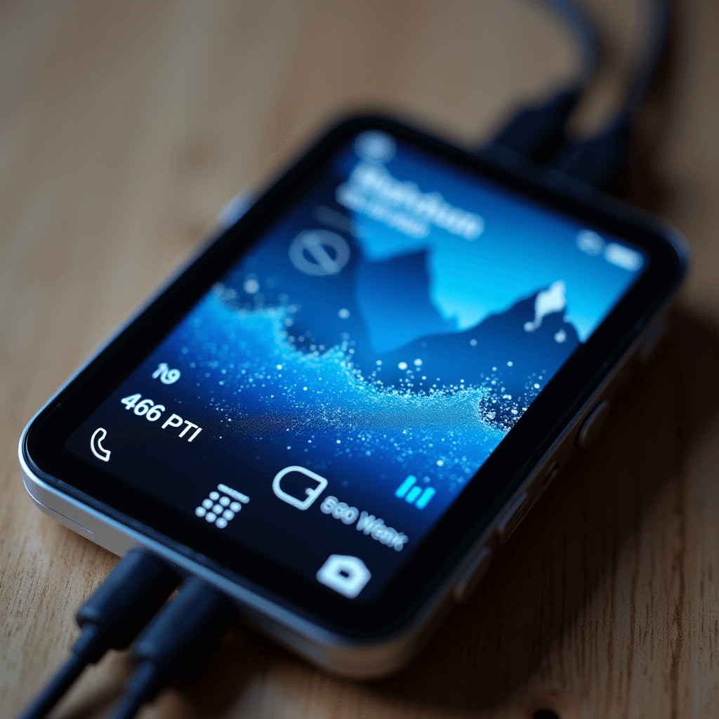 A mobile device with a blue, snowy mountain wallpaper is charging on a wooden surface.