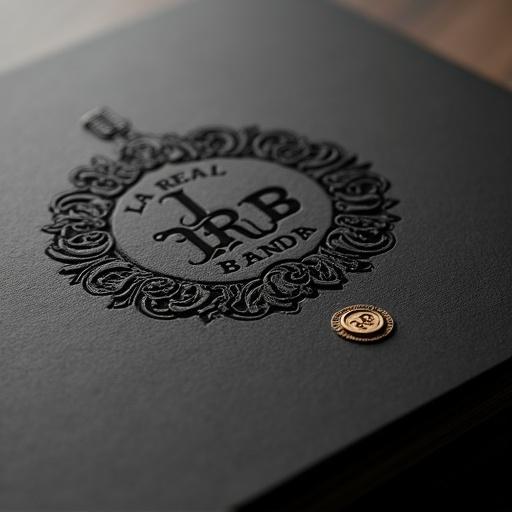 Close-up of high-quality textured black cotton paper. Center features a large blind emboss of ornate calligraphic monogram. Design includes the silhouette of a vintage microphone. Clean soft lighting highlights details. Small ornate golden wax seal with letters LRB in the bottom right corner.