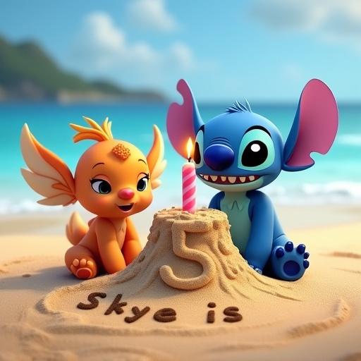 Stitch character and Angel character on a beach next to a sand castle with a birthday candle. Written in the sand is Skye is 5. A joyful birthday party scene is depicted.
