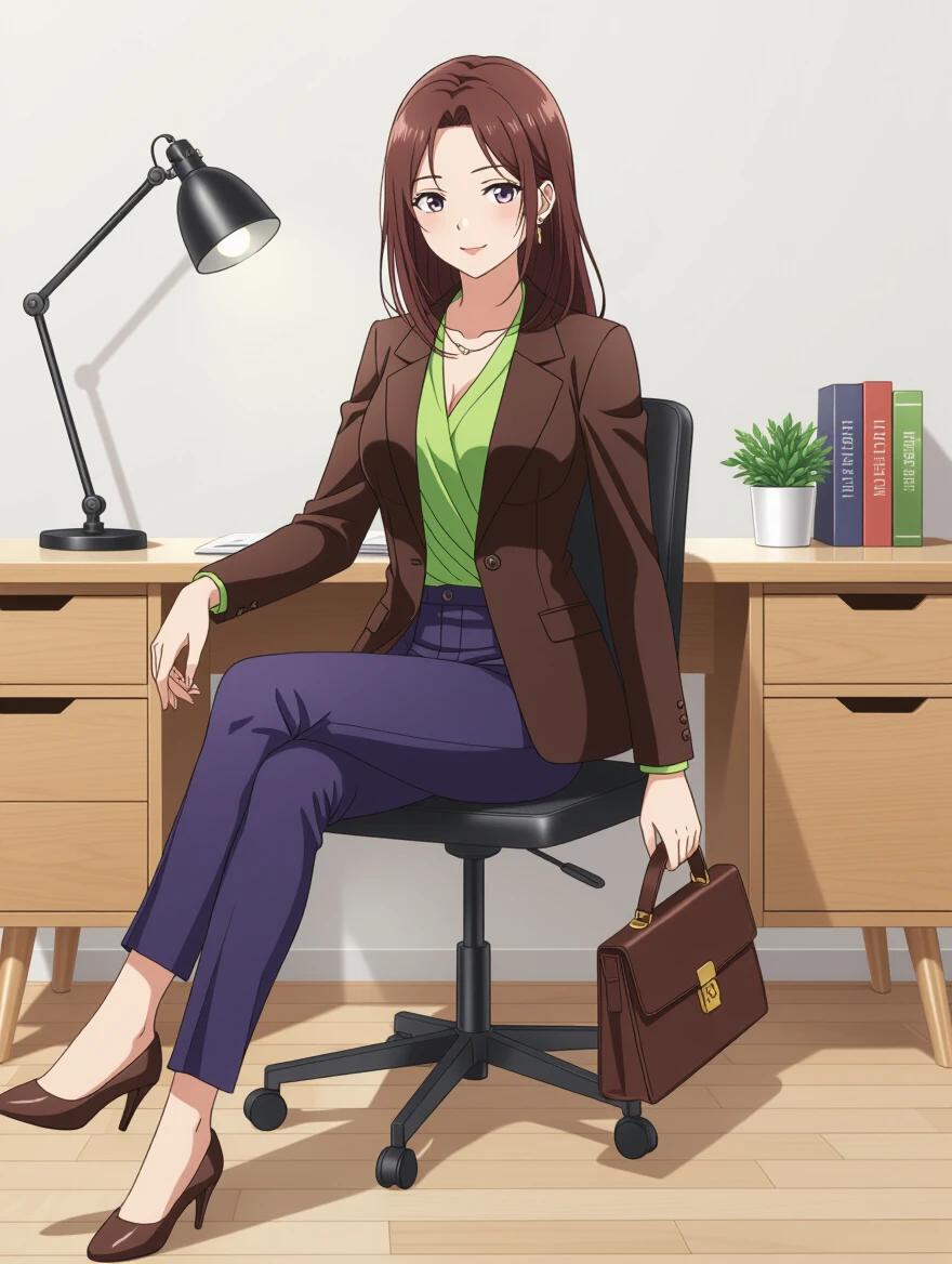 Stylish female character seated on a wooden desk. She is full-body visible in refined anime style. Feet rest on the floor. Legs are crossed elegantly. She wears a chocolate brown long blazer and a lime green blouse with high-waisted purple trousers. Minimal accessories highlight sophistication. Skin has a warm bronzed tone with freckles. Long hair is blue with silver streaks. Composition viewed from an elevated angle with vanishing point perspective. Softly lit modern interior with warm and cool light sources. Confident expression and refined posture with graceful design.