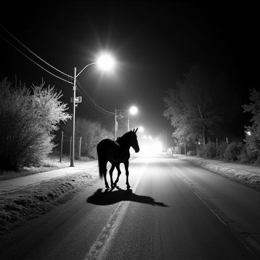 Black and white thermal surveillance camera image shows a lone horse walking down an empty street at night. Image features infrared style with high contrast.
