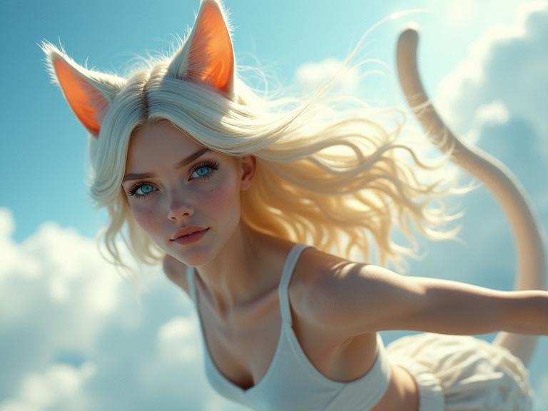 Heroic full body shot of a slender, muscular woman flying through the sky. She has platinum blonde hair, cat ears and tail. Piercing blue eyes. Beautiful dimples and luscious lips. High speed.