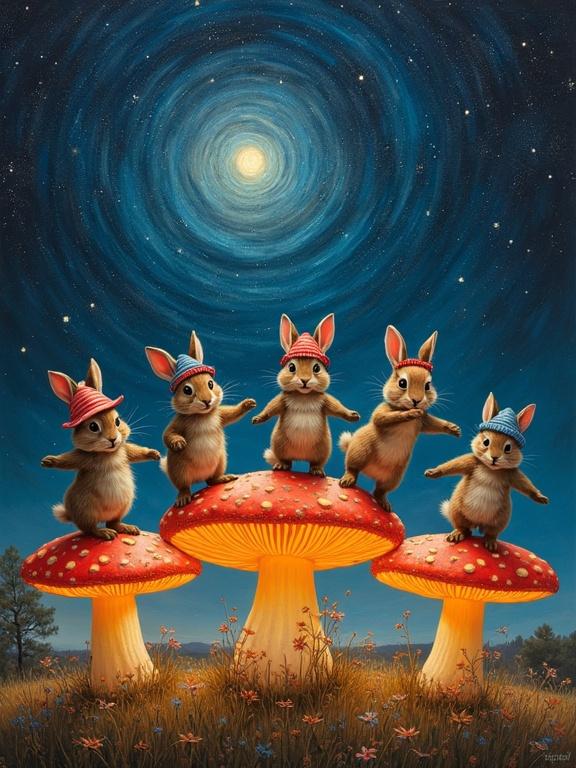 Hyperrealistic oil on canvas artwork featuring a group of rabbits wearing embroidered hats dancing on giant bioluminescent mushrooms with a spiral starry sky.