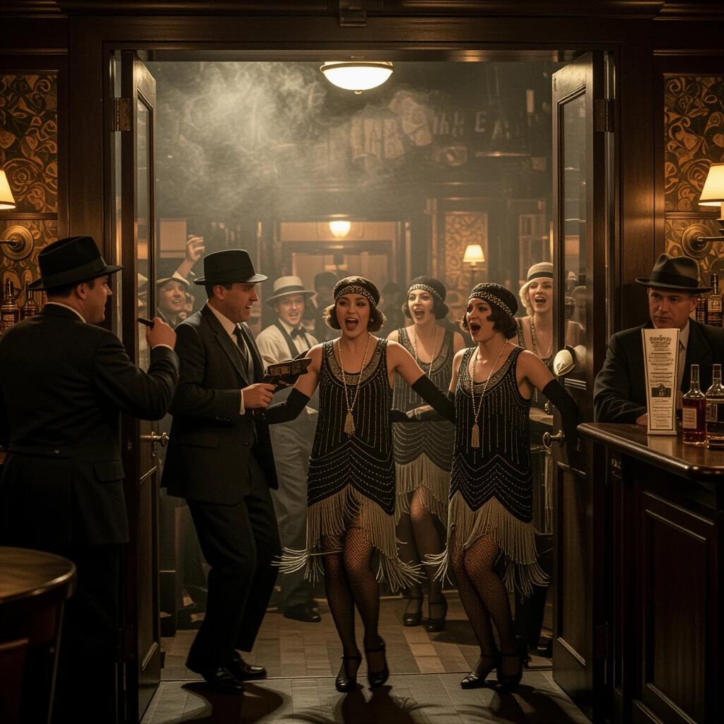 A police raid bursts through the speakeasy entrance. Customers scramble with panic. Flappers scream in excitement. Bartenders hide the booze. Dramatic chaos unfolds in the scene. Realistic depiction of 1920s culture.