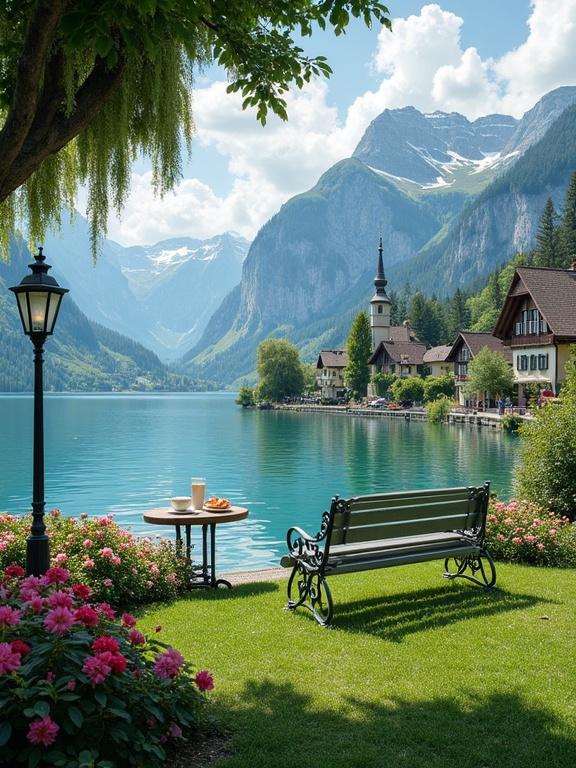A serene lakeside view showcasing a quaint European village with classic park benches and a charming landscape. The scene features vibrant flowers, clear turquoise lake waters, rustic buildings, and majestic mountains in the background under a partly cloudy sky.