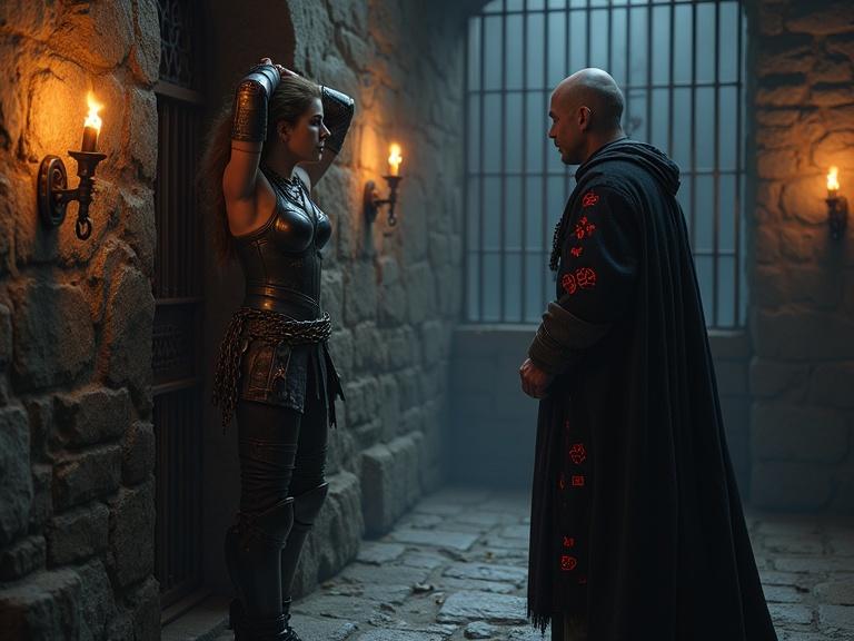 fantasy RPG dungeon setting. A chained female warrior in worn armor is standing by a dimly lit prison cell. Arms are bound together above her head with iron shackles. The warrior is looking defiantly at a dark sorcerer outside the bars. The male mage is in dark robes with glowing red runes and a long black cloak. He has pale skin and intense eyes. They are engaged in a tense conversation. Wall-mounted torches provide dramatic lighting. The scene has a realistic 3D illustration and cinematic atmosphere with shallow depth of field and gritty textures.