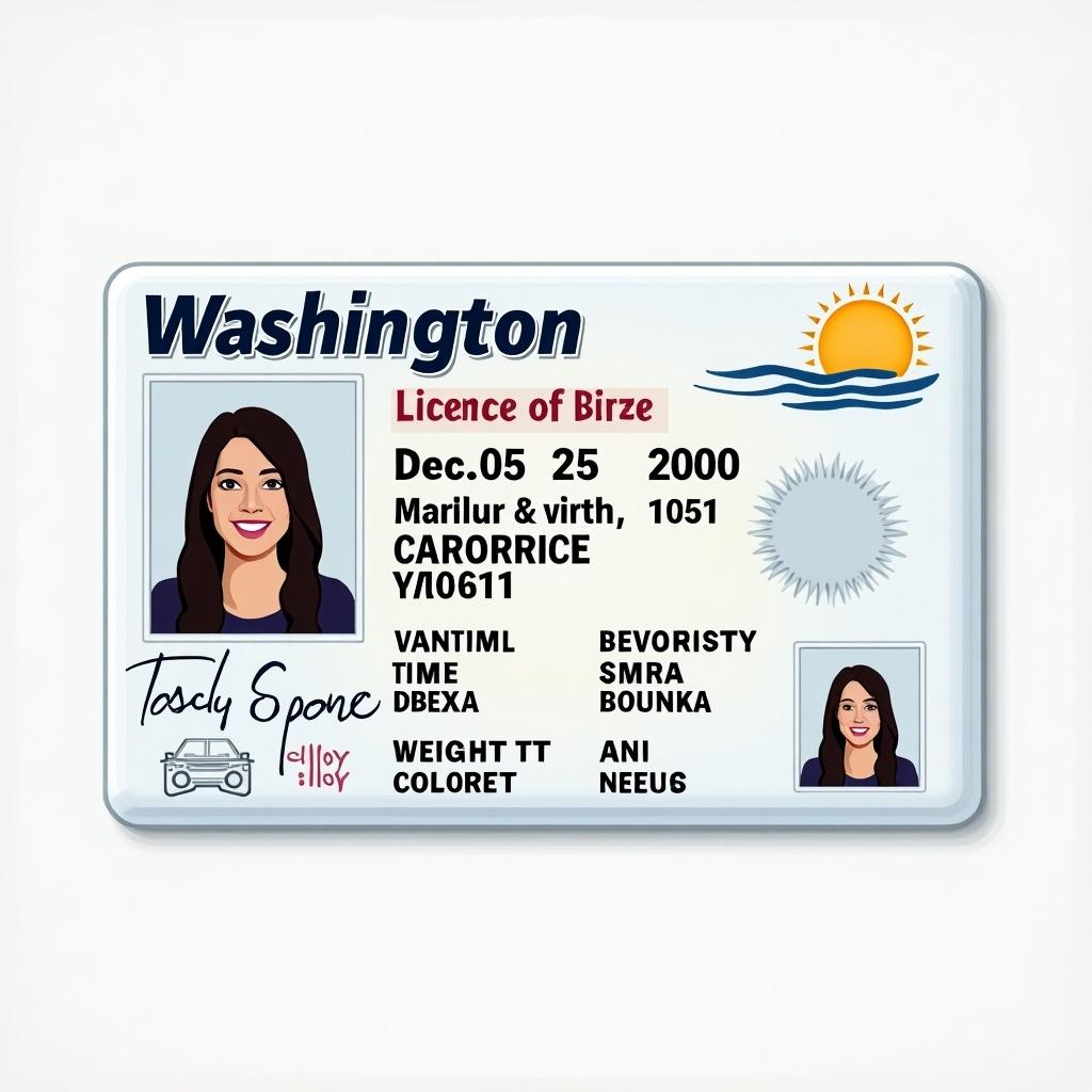 Generate a driver's license featuring Washington state details. Include necessary information like license number, date of birth, name, address, height, and weight. Birthday is December 25 2000. Include identification features.