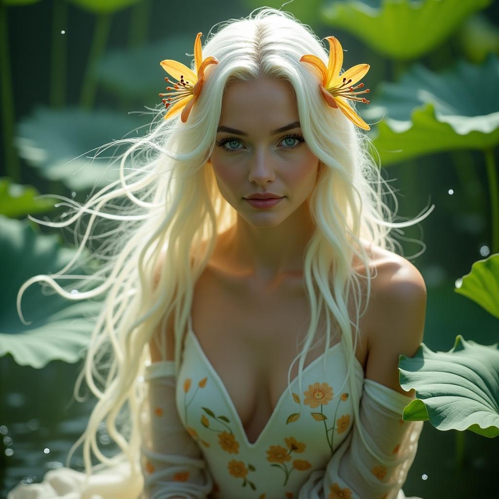 A mystical woman with long flowing white hair adorned with golden lily flowers. Wears delicate fabric with floral patterns. Surrounded by soft magical light. Evokes a sense of enchantment and wonder. Water droplets rest on the lotus leaves.