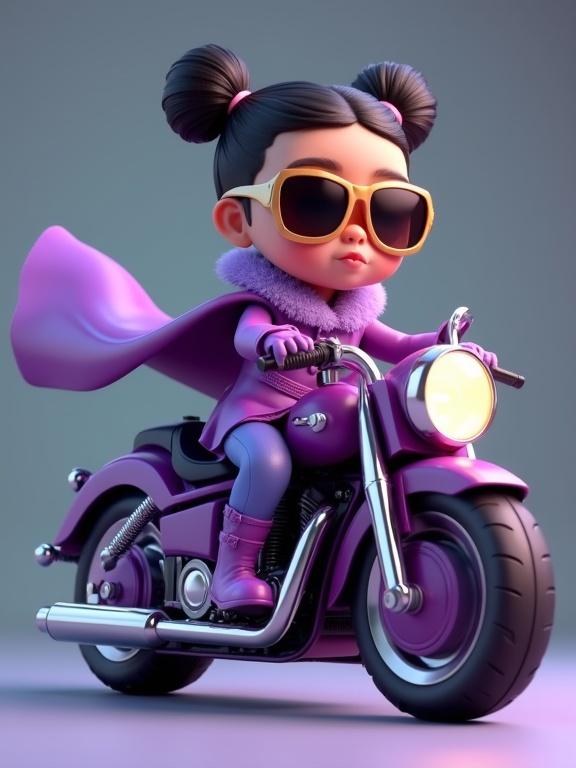 Stylized animated child character rides a purple motorcycle. The character wears a dramatic purple outfit with a faux-fur collar. Accessories include oversized golden-rimmed sunglasses. Background features muted gradient colors.
