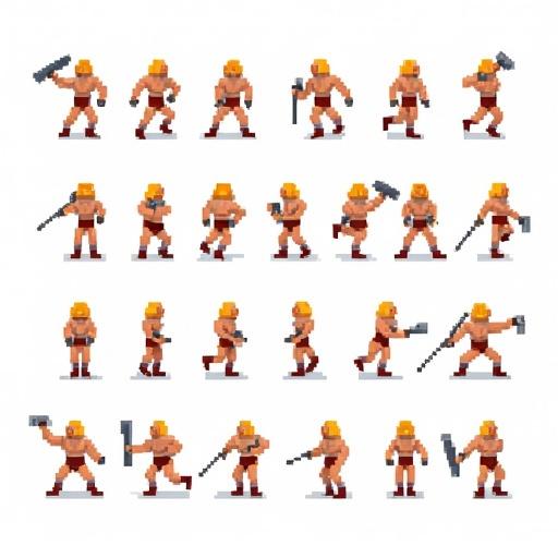 Pixel-art sprite sheet for a 2D game character inspired by He-Man. The sprite sheet includes animation frames for idle, walking, jumping, and attacking. Consistent character appearance maintained. Transparent background. Sprites are aligned uniformly. Size of each frame is 64x64 pixels. No background or scenery included.