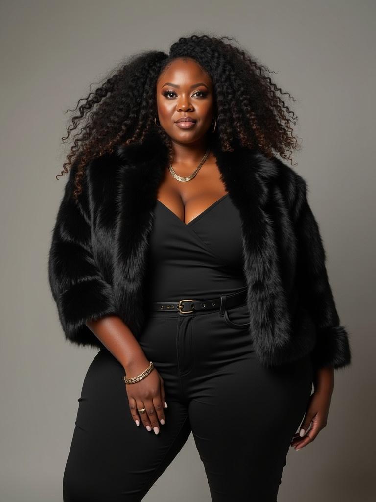 A Black model wears a fitted black outfit with a short fur coat. The outfit emphasizes her curves and beauty. The styling appears elegant and sophisticated. The model showcases confidence and grace in her pose.