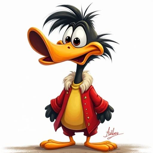 Create a cartoon character of a pelican in a human form. The design should be similar to Condorito. The character should have a youthful and mischievous appearance with a unique style.